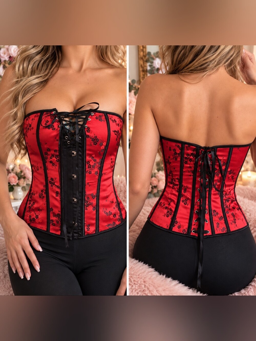 Sexy Overbust Satin Red Black Cherry Blossom Busk Clasps Lace-up Boned Small S